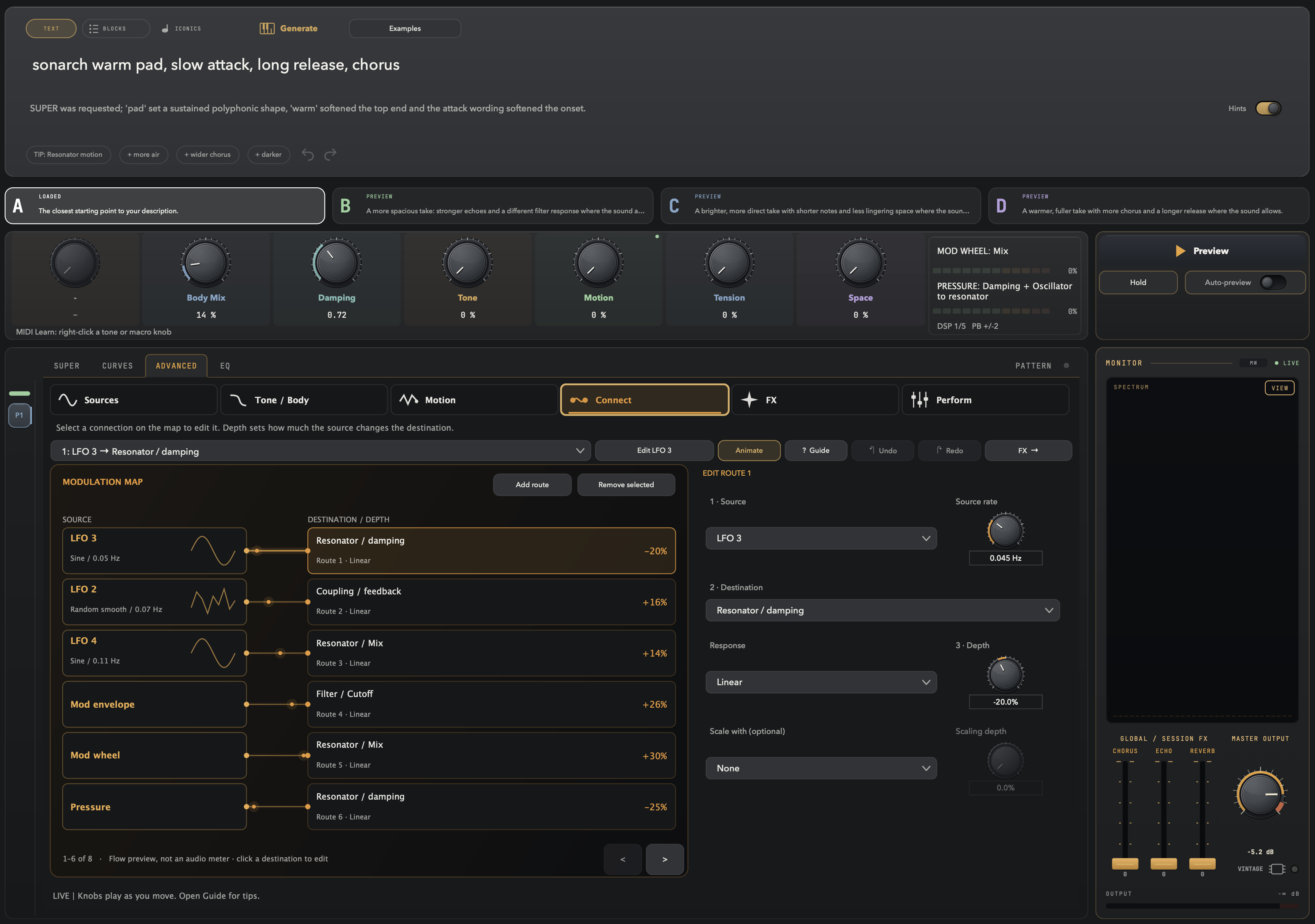 sonarch Advanced view, Connect tab: a modulation map routing LFOs, mod envelope, mod wheel and pressure to resonator damping, coupling feedback, resonator mix and filter cutoff, with a route inspector, macro knobs, four variation cards and the monitor panel.