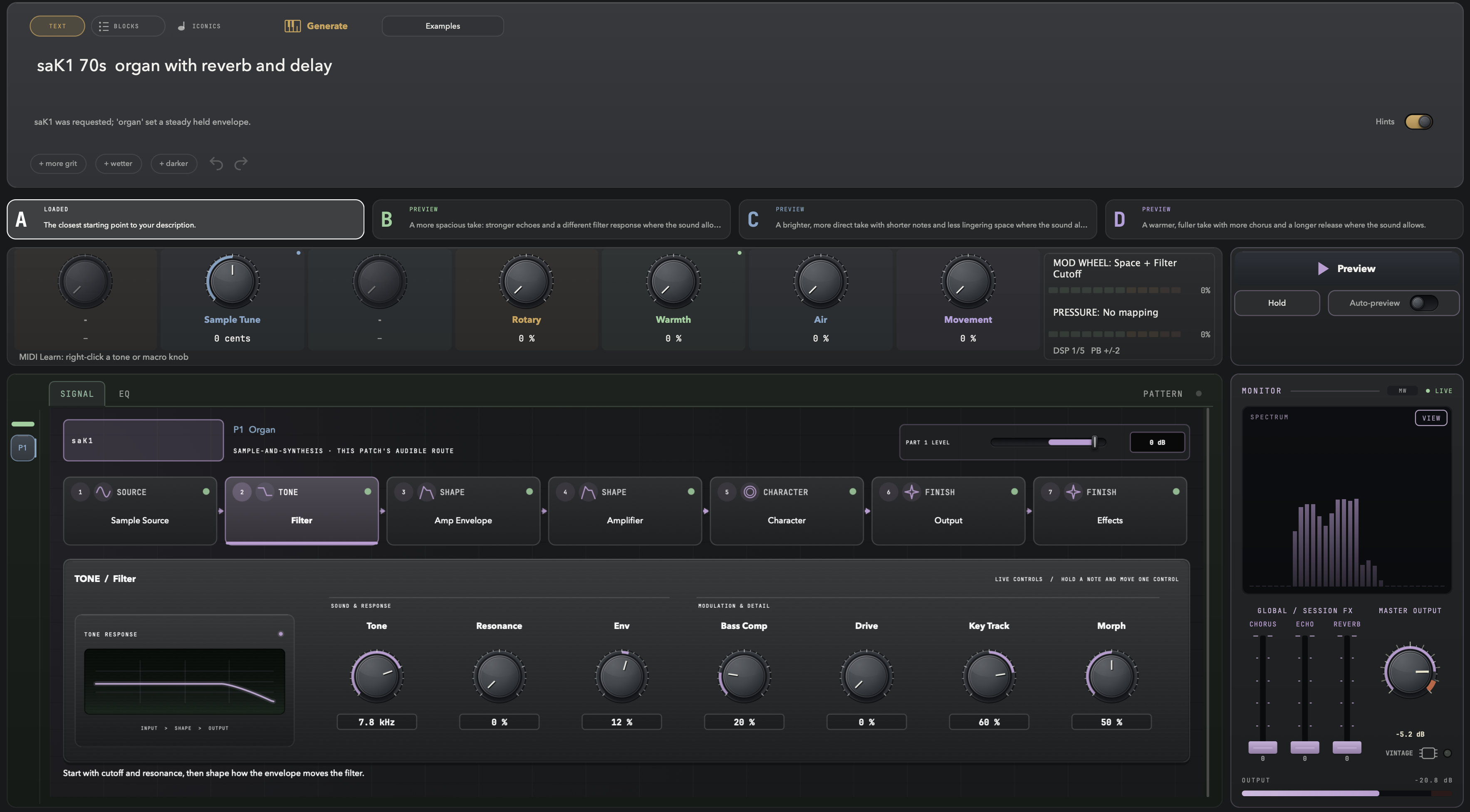 sonarch product interface showing a sound description, four playable variations, sound controls, pattern lab and monitoring tools.