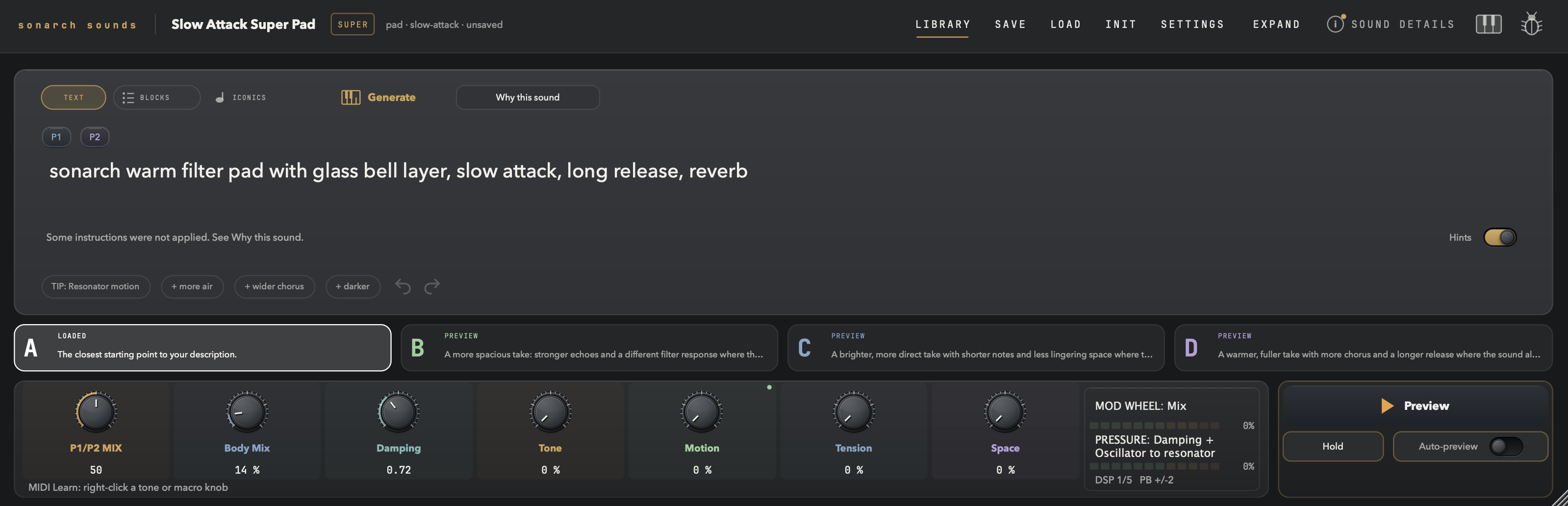 Compact sonarch instrument showing a prompt, four variations and sound controls.