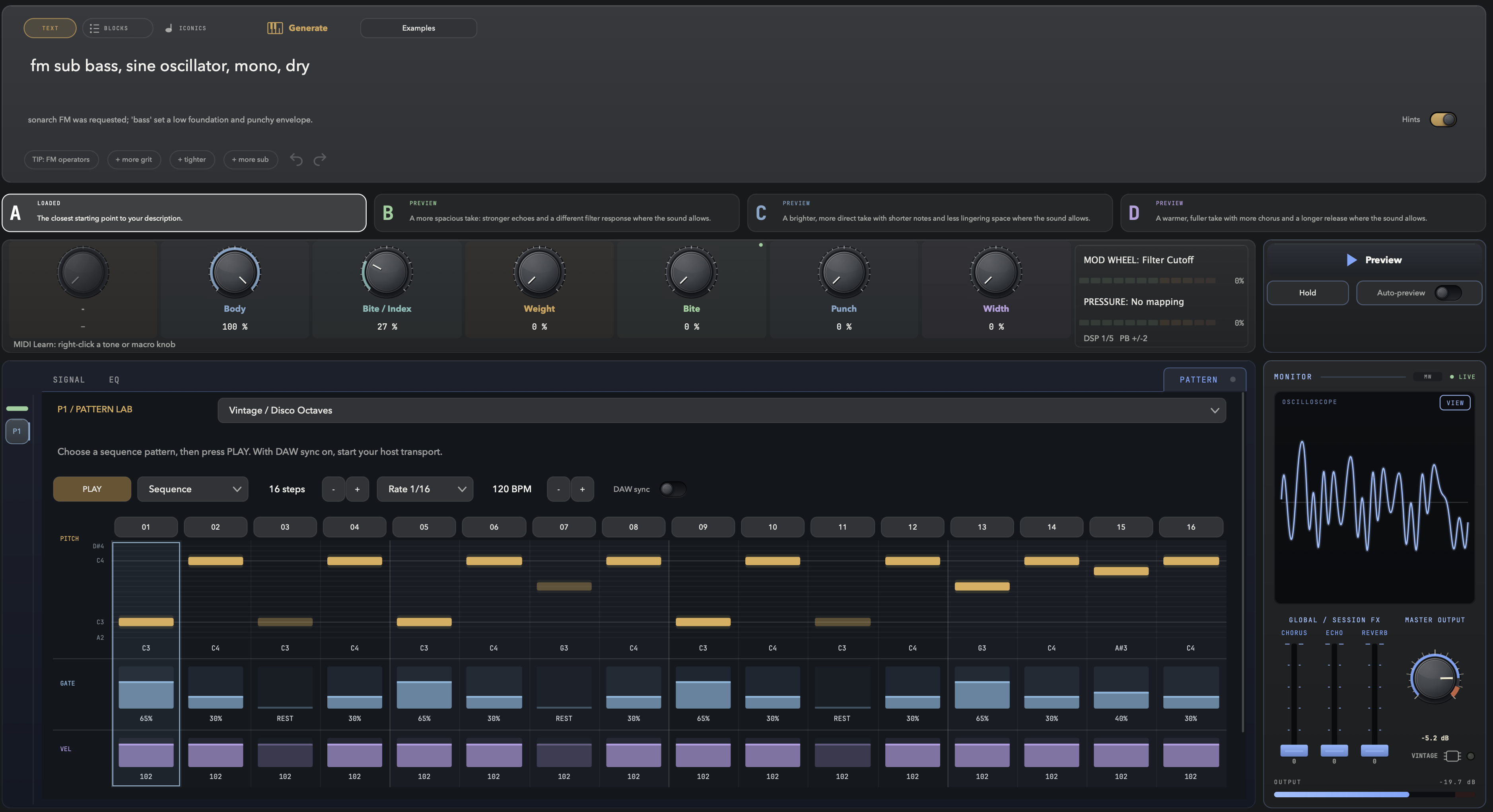 sonarch Pattern Lab showing a 16-step FM sub bass sequence with note, gate and velocity lanes.