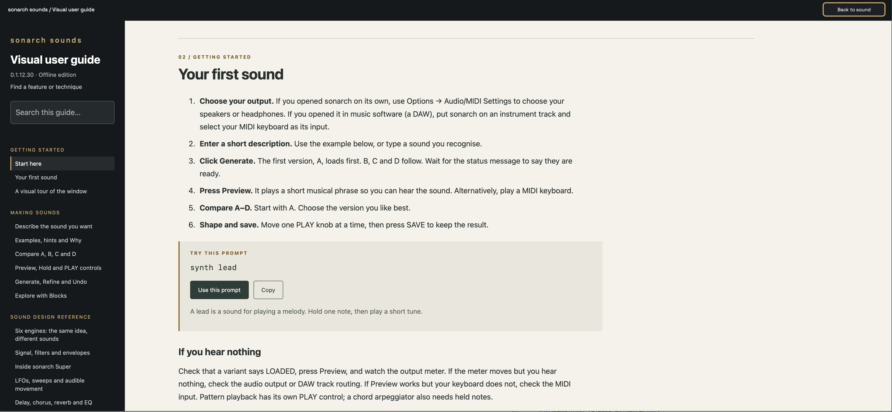 The sonarch visual user guide, showing the Your first sound walkthrough with a Try this prompt example and a Use this prompt button